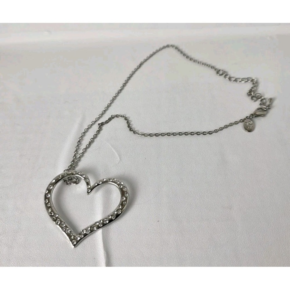 Clear Crystal Open Heart Pendant Chain Necklace Silver 9.5" Long